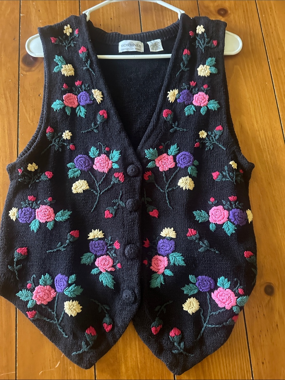 Vintage Black Floral Embroidered Knit Vest